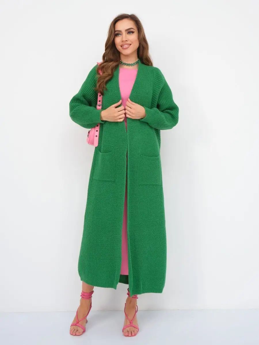Langer Damen-Strickcardigan mit offenen Front und Taschen