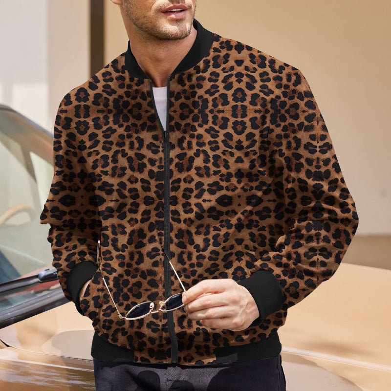 Men's autumn jacket with leopard pattern, zipper, and fleece lining