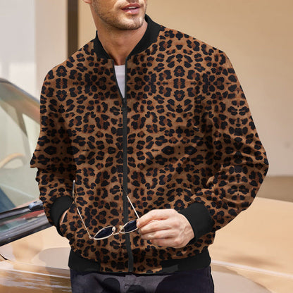 Men's autumn jacket with leopard pattern, zipper, and fleece lining