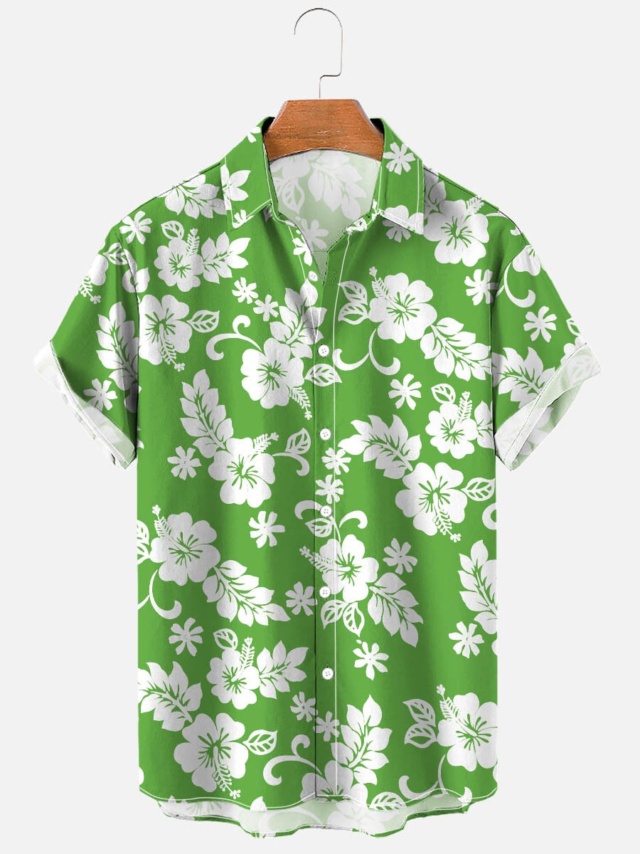 Herren Kurzarmhemd Mit Blumenmuster, Vier-Wege-Stretch, Knopfleiste