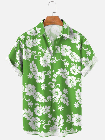 Herren Kurzarmhemd Mit Blumenmuster, Vier-Wege-Stretch, Knopfleiste