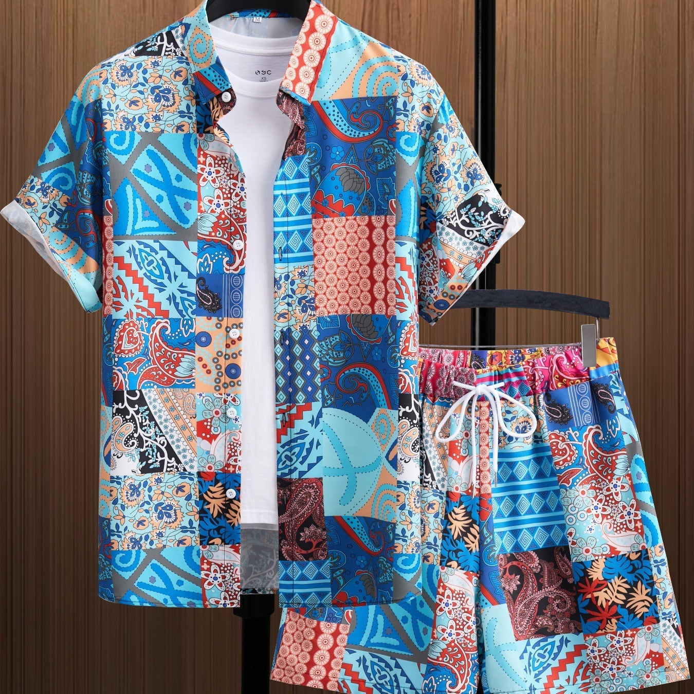 Men's Hawaiian Shirt with Lapel Button and Shorts, Two-Piece Set, Short Sleeve, Lightweight Polyester Fabric, Various Sizes