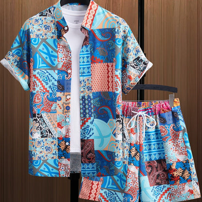 Men's Hawaiian Shirt with Lapel Button and Shorts, Two-Piece Set, Short Sleeve, Lightweight Polyester Fabric, Various Sizes