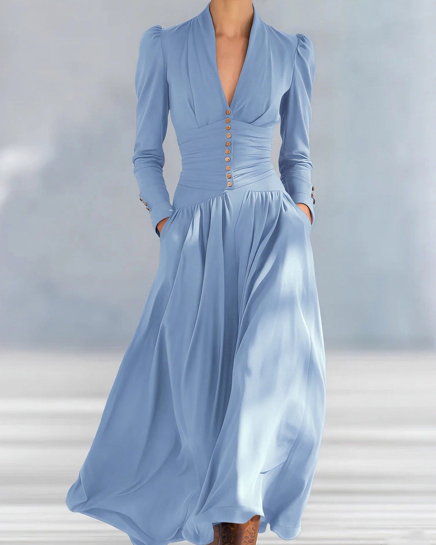 Damen Herbstkleid, Figurbetont, Hochtailliert, Plissiert, Mittellang, Einfarbig
