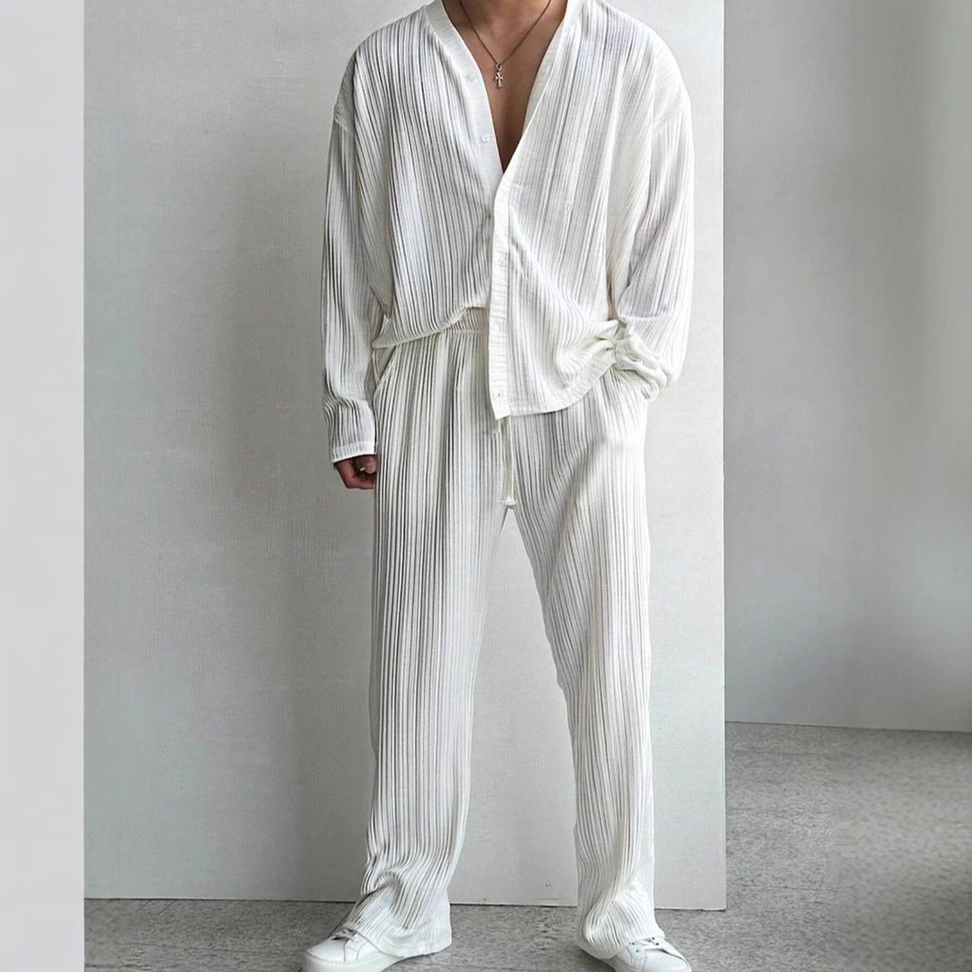 Men's Long-Sleeve Shirt and Pants, Two-Piece Suit, Solid Color, Lightweight, Multicolored
