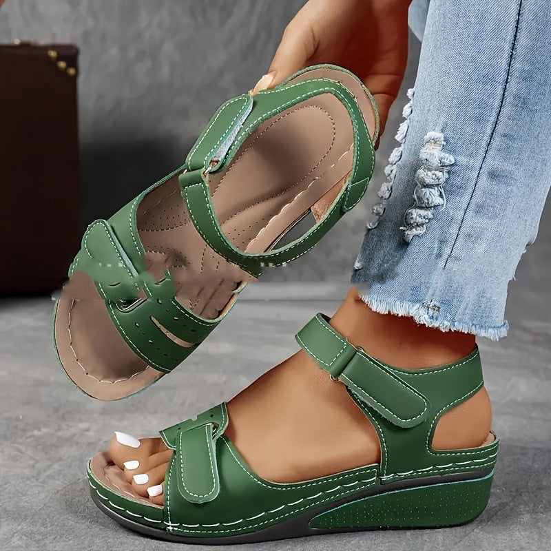 Damen-Sandalen Mit Dicker Sohle Und Klettverschluss – Lederoptik