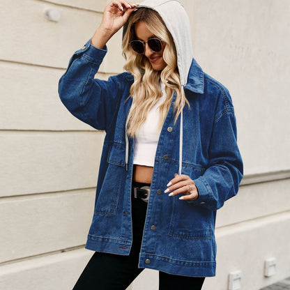 Damen Frühlingsjacke aus Denim-Mix mit abnehmbarer Kapuze und lockerem Schnitt