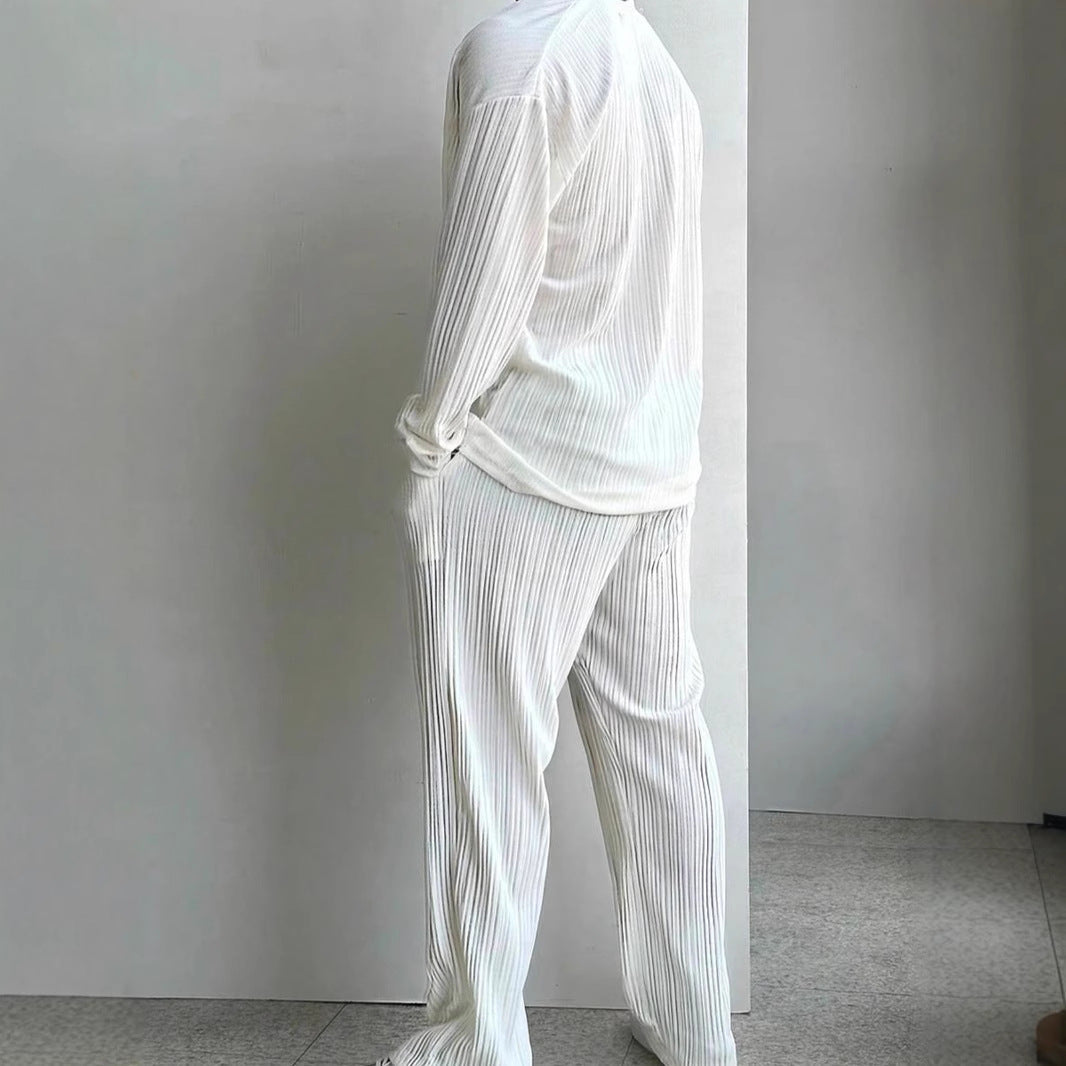 Men's Long-Sleeve Shirt and Pants, Two-Piece Suit, Solid Color, Lightweight, Multicolored