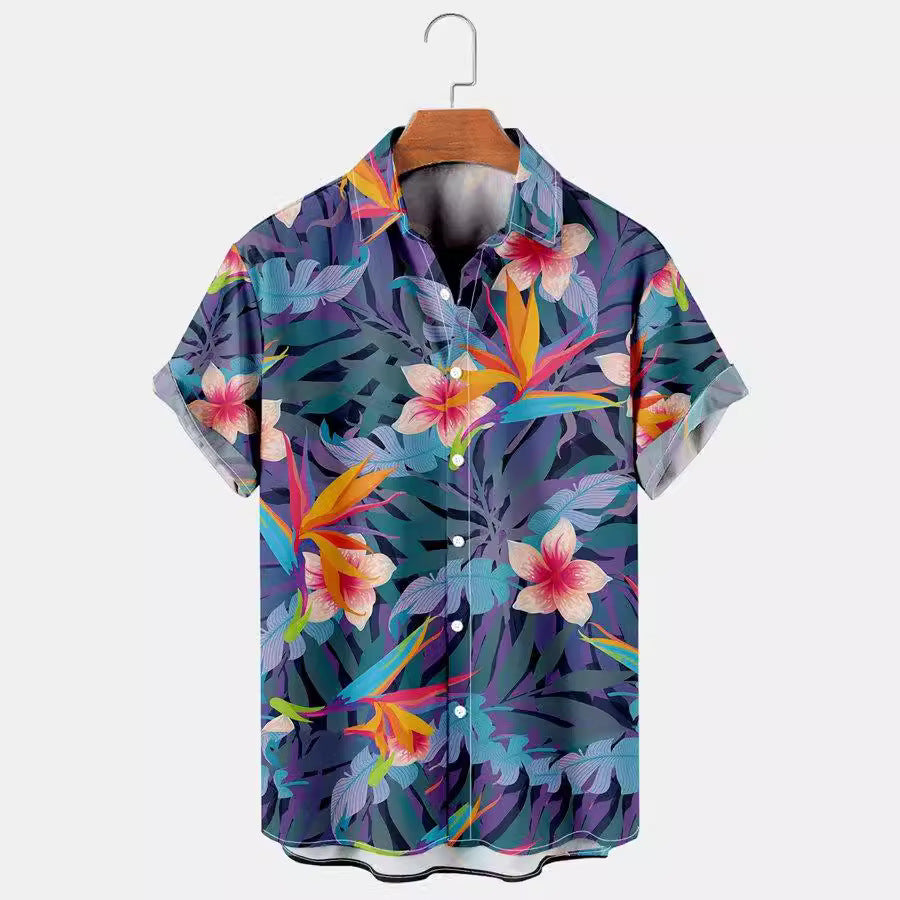 Herren Kurzarmhemd Mit Blumenmuster, Vier-Wege-Stretch, Knopfleiste