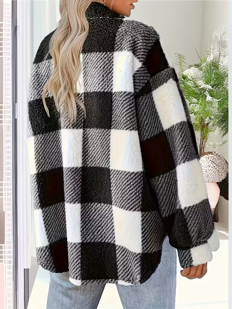 Damen Fleece Cardigan Karomuster Knopfleiste Lockerer Schnitt Langarm – Herbst und Alltag