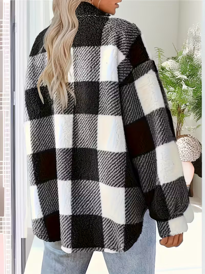 Damen Fleece Cardigan Karomuster Knopfleiste Lockerer Schnitt Langarm – Herbst und Alltag