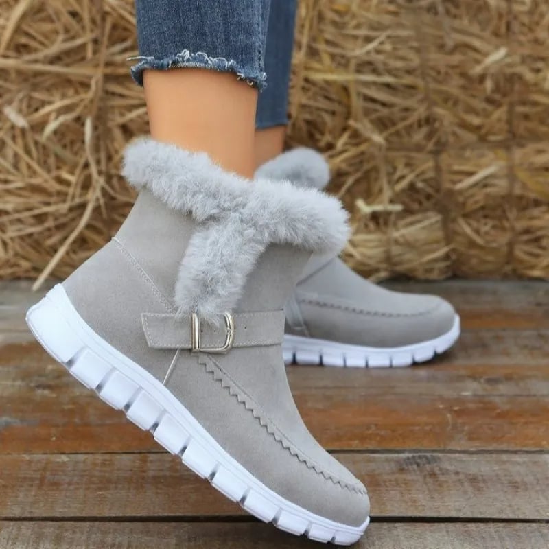 Damen Winter-Stiefeletten mit Rundzehen, flachem Absatz, Plüschfutter und Seitenreißverschluss mit Schnalle