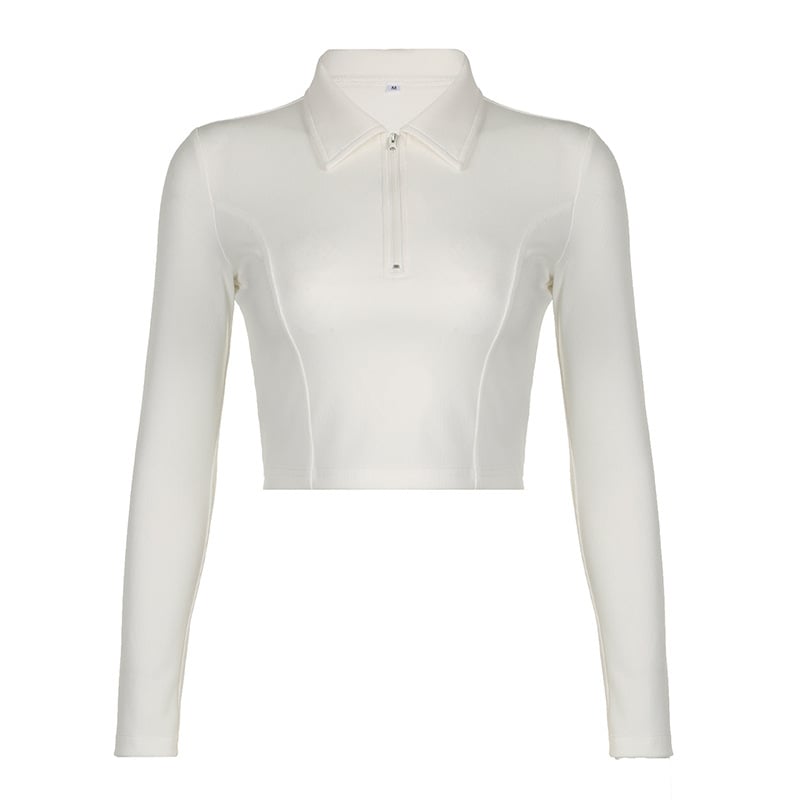 Weiße, langärmlige Damen-Cropped-Bluse mit Reißverschluss und Kragen. Modische Oberbekleidung, ideal für trendige Outfits und stilvolle Looks.