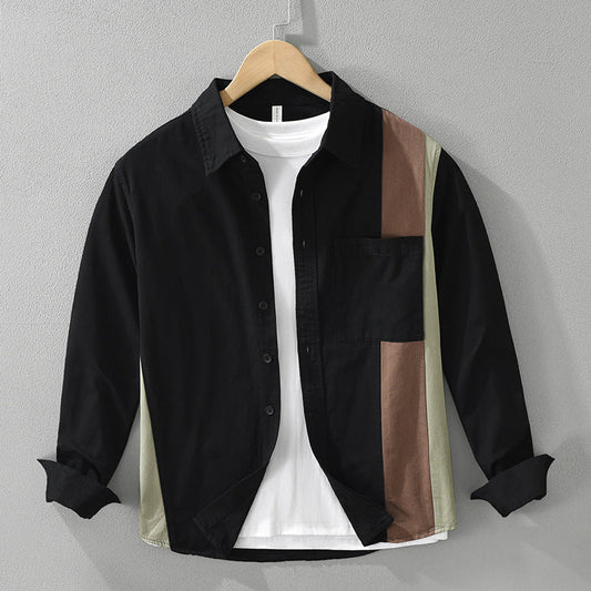 Men's Long-Sleeve Shirt Striped Loose Fit Square Collar