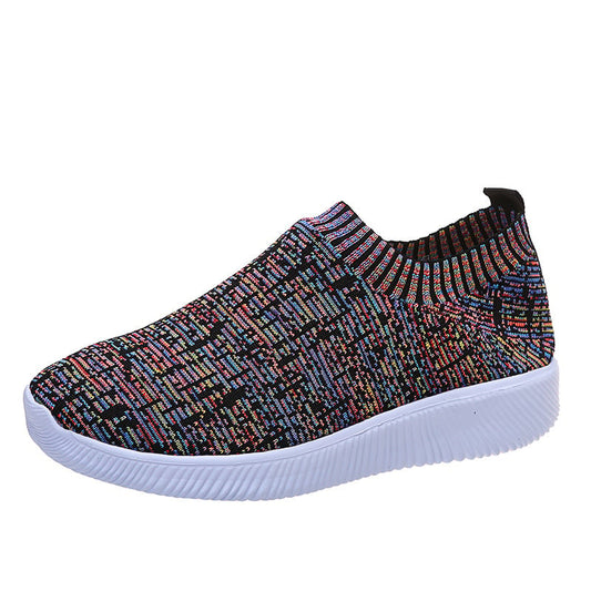 Women's Knitted Sock Shoes with Stripe Pattern, Round Toe and Flat Sole