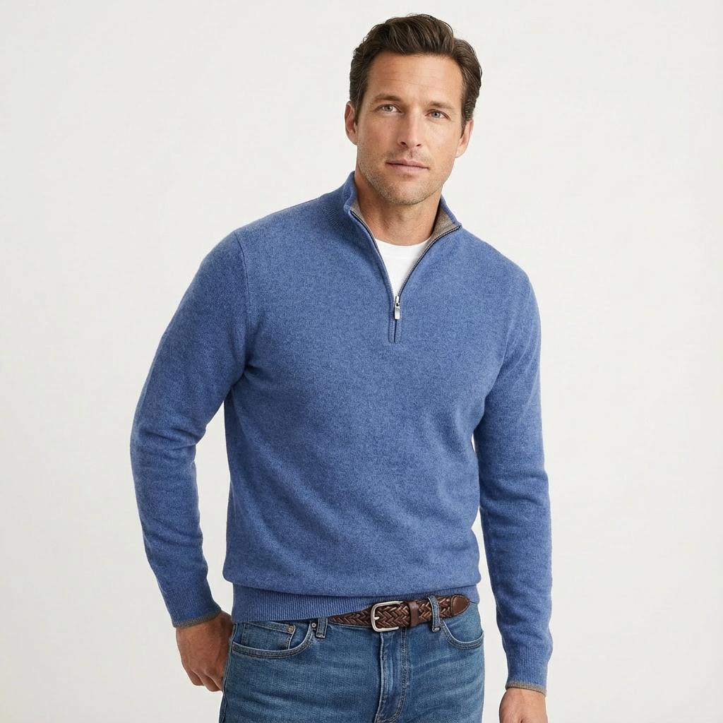 Herren Strickpullover mit Stehkragen und Quarter-Zip in der Frontansicht