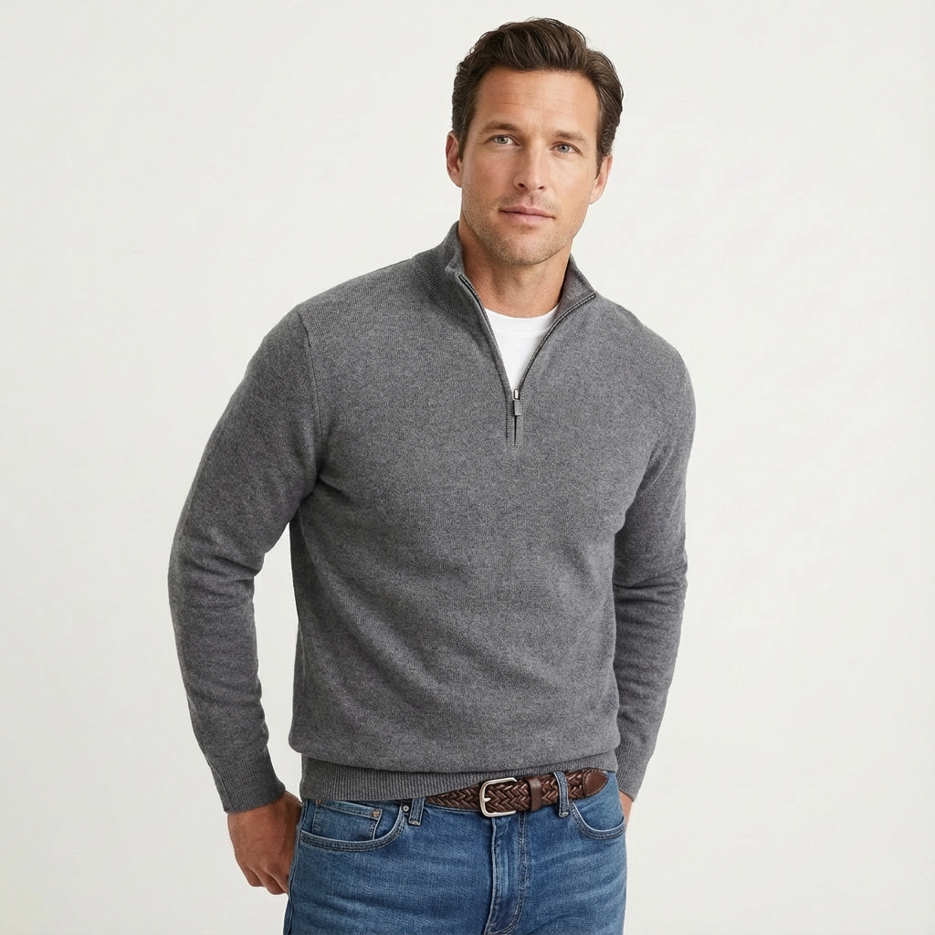 Seitliche Ansicht des Herren Strickpullovers mit Stehkragen