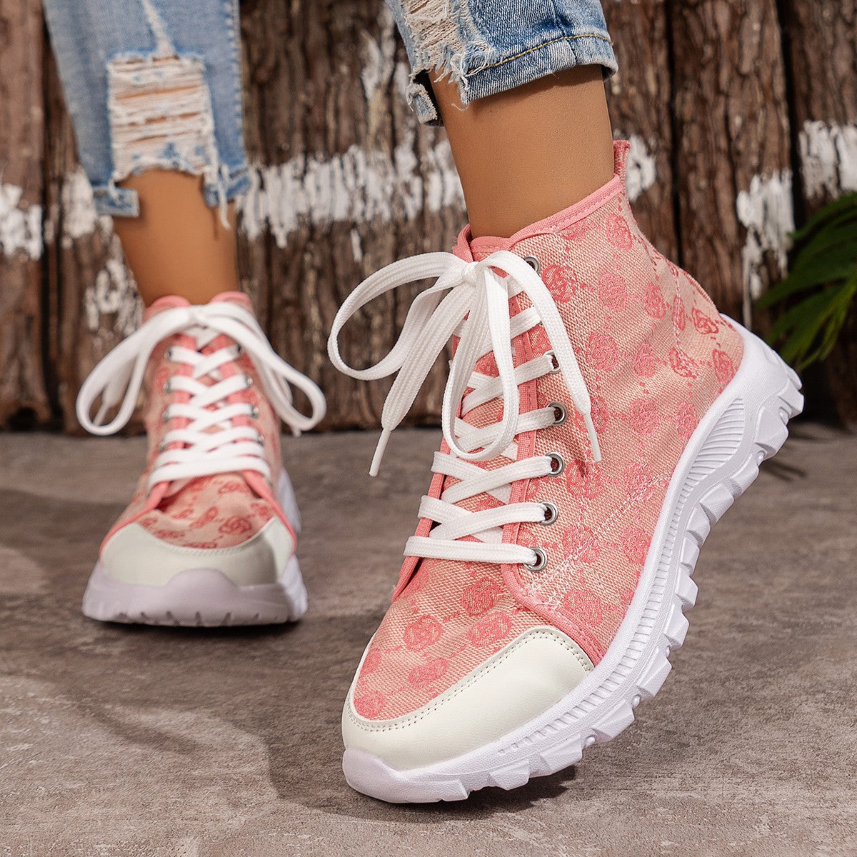 Damen Schnür Kurzstiefel mit runder Spitze und Rosenprint – Canvas Style