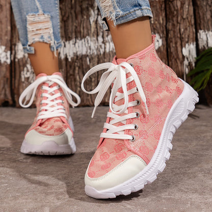 Damen Schnür Kurzstiefel mit runder Spitze und Rosenprint – Canvas Style