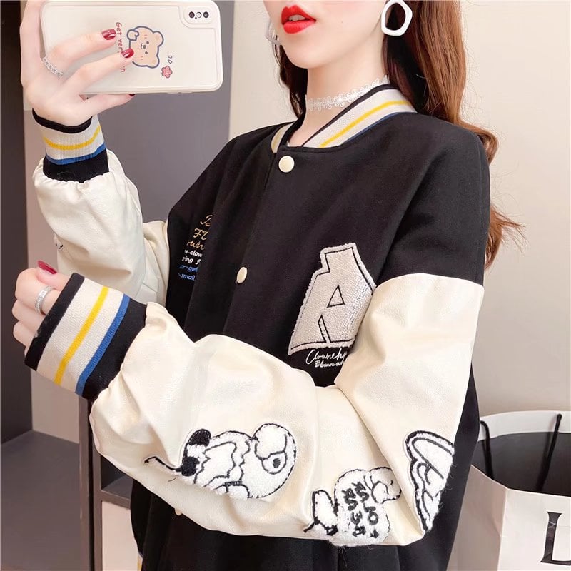 Damen-Baseballjacke mit Cartoon-Print und langen Ärmeln