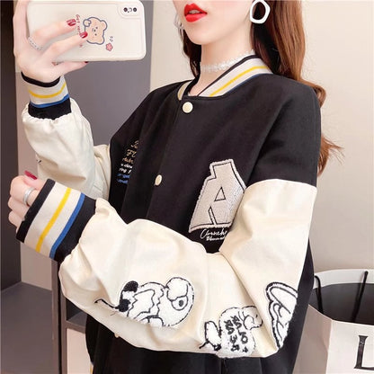 Damen-Baseballjacke mit Cartoon-Print und langen Ärmeln
