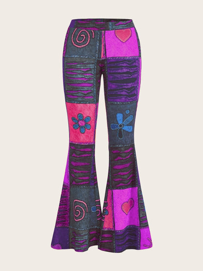 Women's bootcut trousers with print, abstract pattern, mid-rise waistband