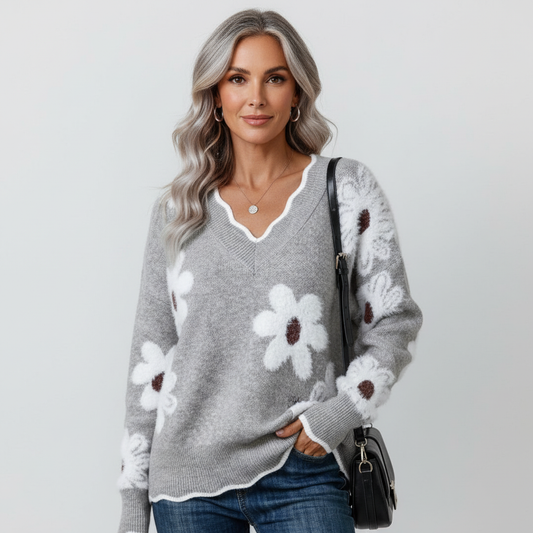 Damen Pullover Mit Blumenmuster Und V-Ausschnitt