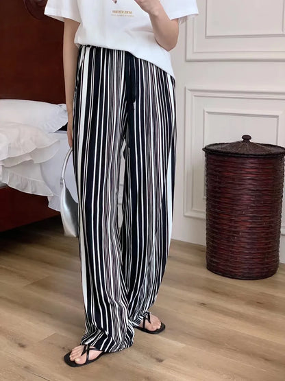 Damen-Hosen mit weitem Bein, schwarz-weiß gestreift, mit Taschen