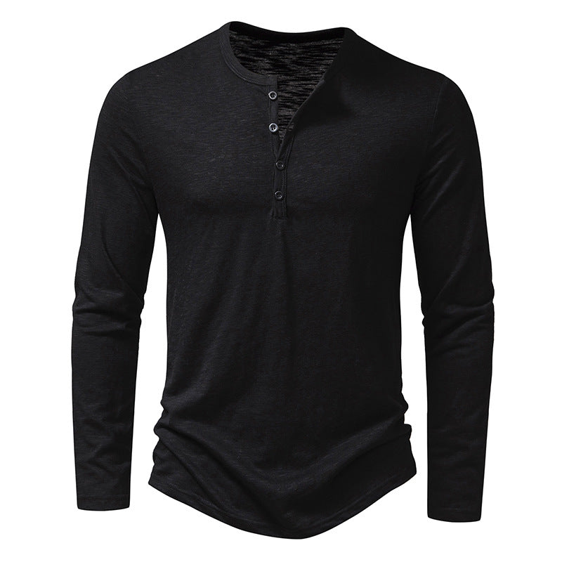 Schwarzes Herren-Langarmshirt mit Knopfleiste, modisches Design, ideal für Freizeit und Alltag, aus weichem, atmungsaktivem Material.