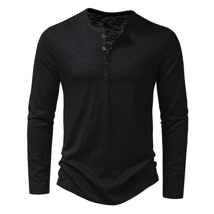 Schwarzes Herren-Langarmshirt mit Knopfleiste, modisches Design, ideal für Freizeit und Alltag, aus weichem, atmungsaktivem Material.