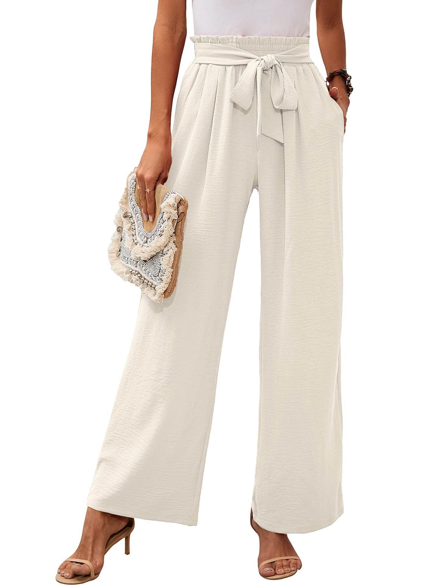 Damen-Hose mit hohem Bund, geknotetem Bund und weitem Bein – Klassischer Stil