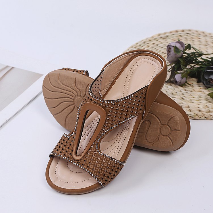 Damen Sommer-Sandalen Mit Fischmaul-Verzierung, Flach, Mit Strasssteinen, Durchbrochen, Zum Hineinschlü