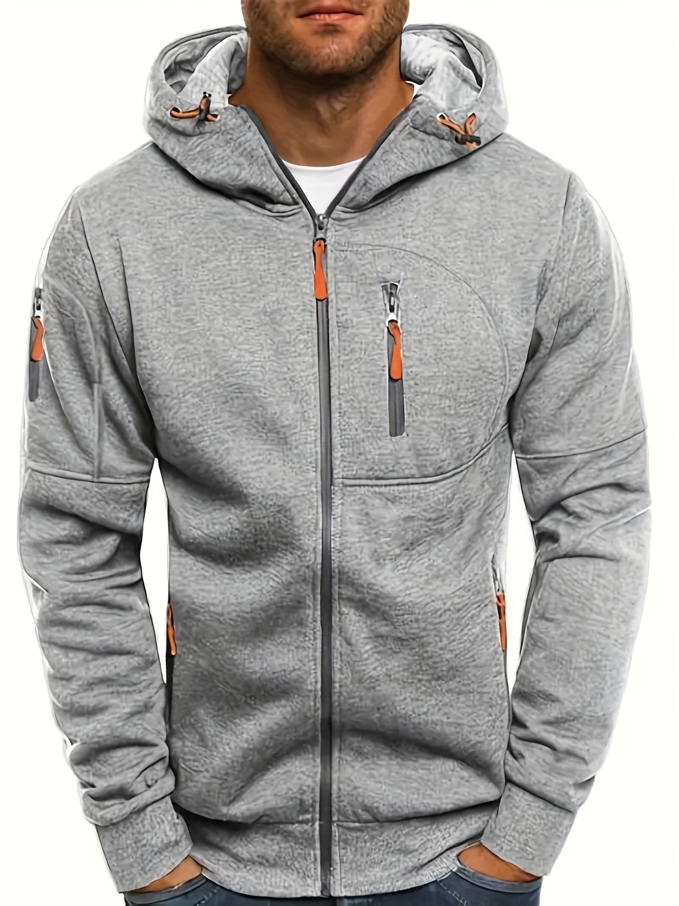 Grauer Herren-Hoodie mit Reißverschlüssen, Kapuze und Taschen. Modischer Freizeitpullover für Männer, ideal für Herbst und Winter.