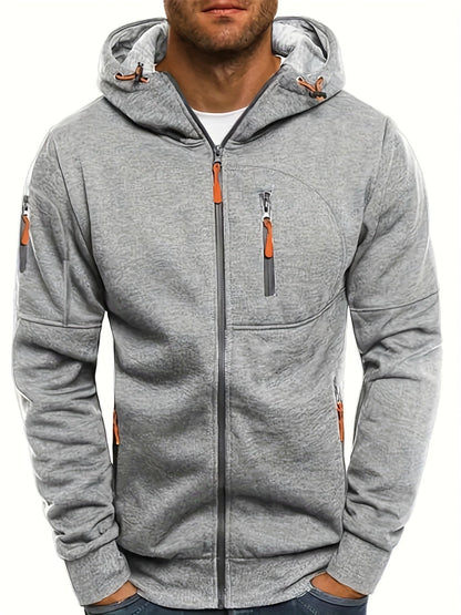 Grauer Herren-Hoodie mit Reißverschlüssen, Kapuze und Taschen. Modischer Freizeitpullover für Männer, ideal für Herbst und Winter.