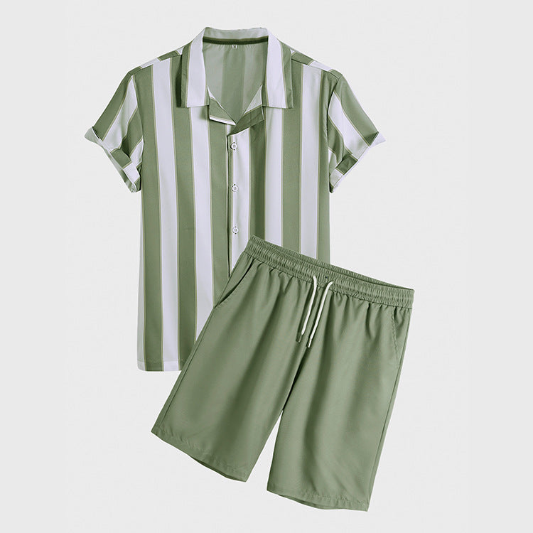 Herren Kurzarmhemd Und Shorts, Zweiteiliges Set Aus Baumwoll-Polyester-Mischgewebe, Freizeitoutfit, In Grün Und Blau Erhältlich