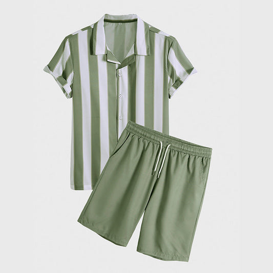 Herren Kurzarmhemd Und Shorts, Zweiteiliges Set Aus Baumwoll-Polyester-Mischgewebe, Freizeitoutfit, In Grün Und Blau Erhältlich