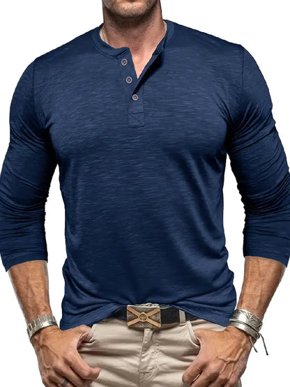 Herren Langarm Henley T-Shirt Mit Knopfleiste