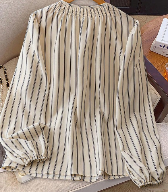 Women's Striped Round Neck Top with Gathered Design and Puff Sleeves