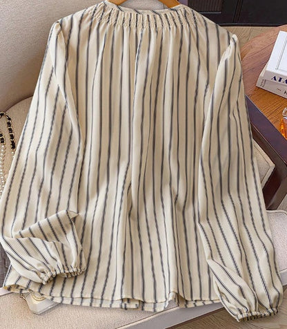 Women's Striped Round Neck Top with Gathered Design and Puff Sleeves