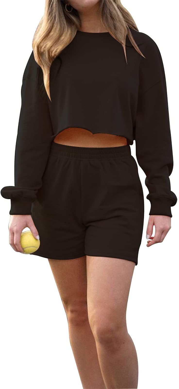 Women's Sports Two-Piece Set: Long-Sleeve Pullover and Shorts in Solid Color