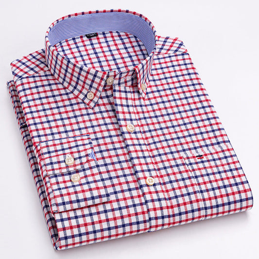 Men's Checkered Shirt Long Sleeve With Oxford Collar And Wrinkle-Free