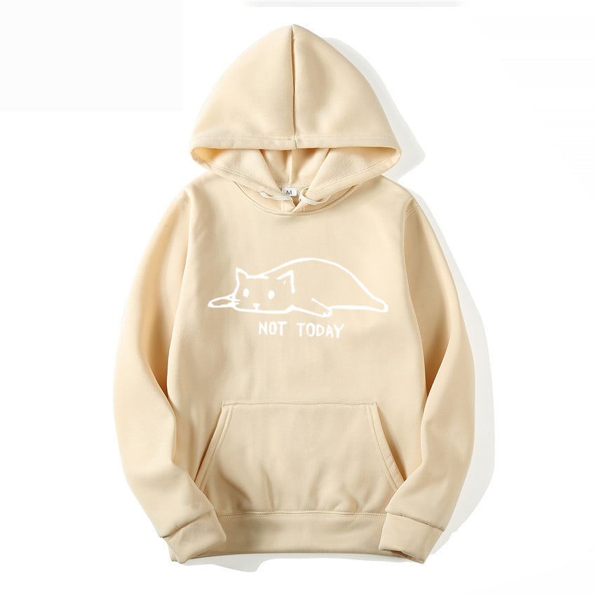 Women's hooded pullover with cat print and front lacing