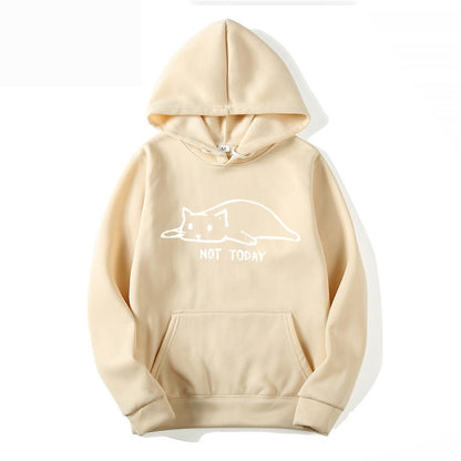 Women's hooded pullover with cat print and front lacing