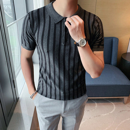 Herren Poloshirt Mit Breiten Streifen Und Kurzen Ärmeln, Hochelastisch