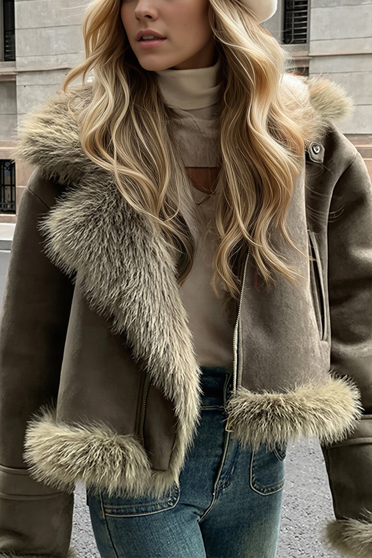 Damen Aviator Kurzjacke in Velourslederoptik mit Kunstfellkragen