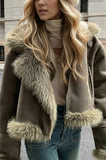 Damen Aviator Kurzjacke in Velourslederoptik mit Kunstfellkragen