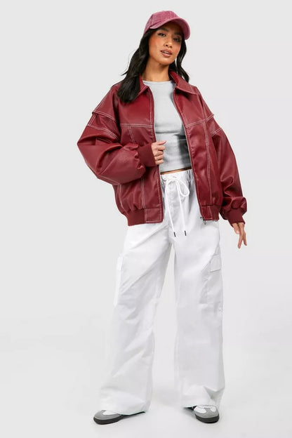 Oversize-Lederjacke für Damen in Rot mit lässigem Look
