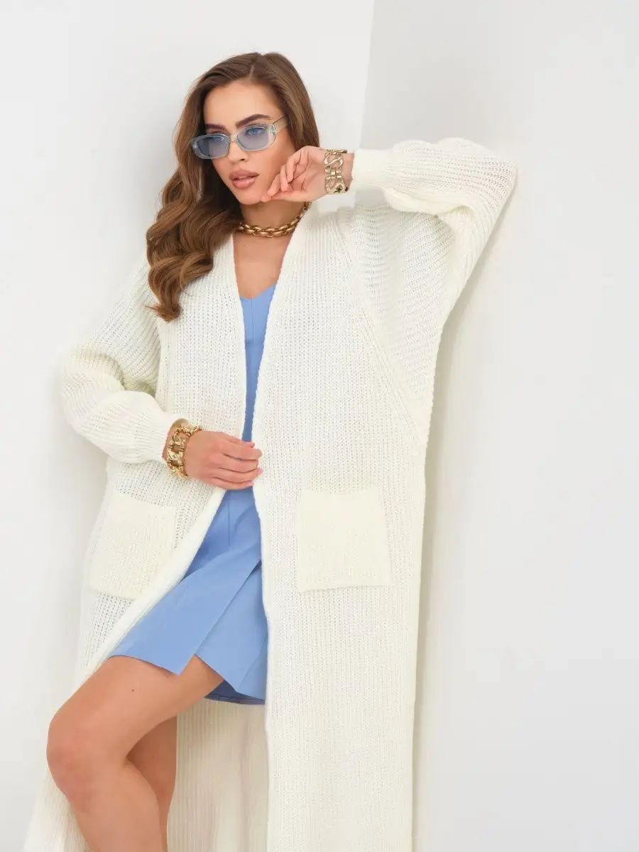 Langer Damen-Strickcardigan mit offenen Front und Taschen