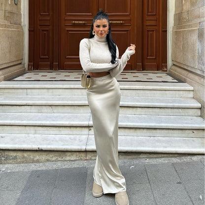 Damen Herbst Maxikleid mit hohem Taillenbund und asymmetrischem Faltenwurf – Einfarbig
