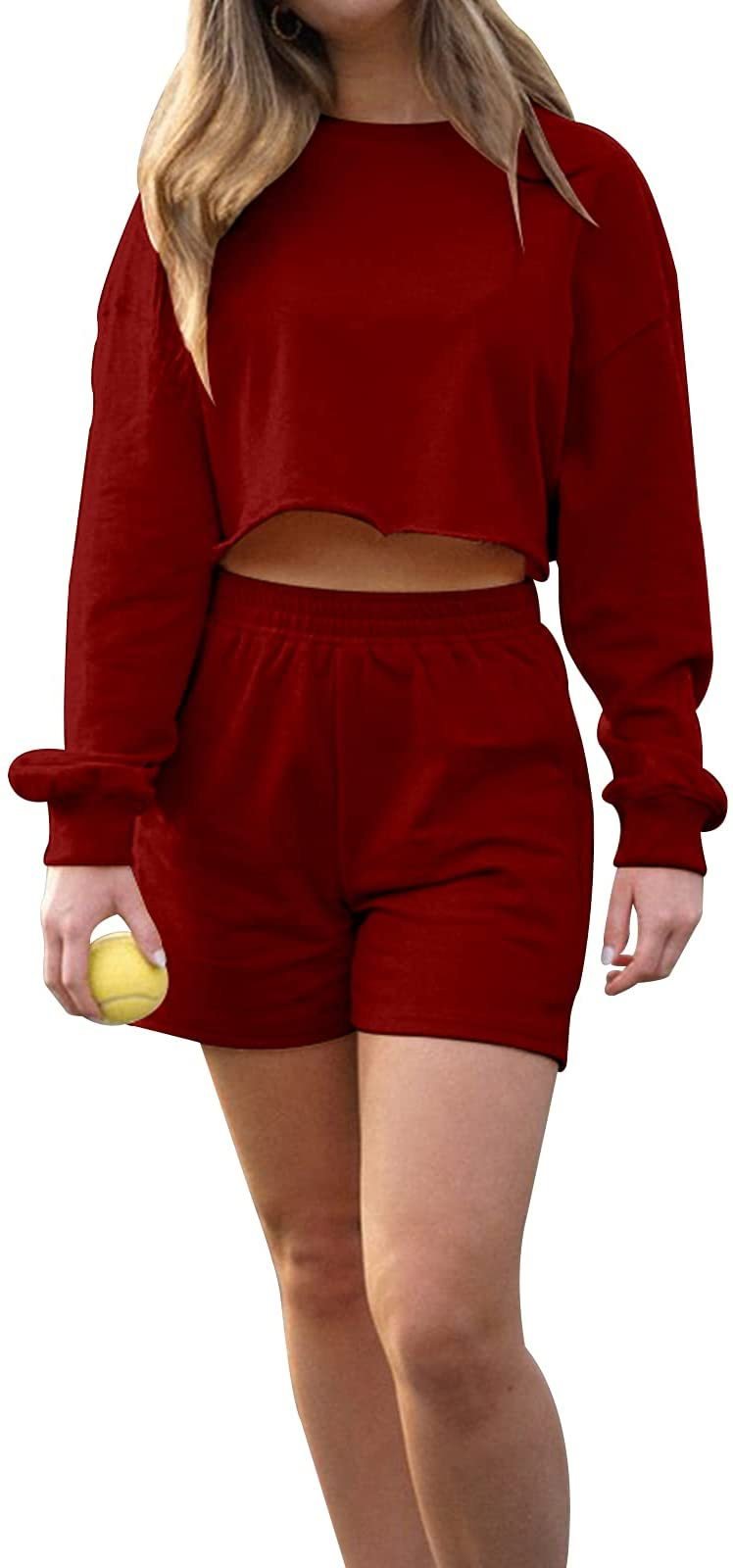 Women's Sports Two-Piece Set: Long-Sleeve Pullover and Shorts in Solid Color